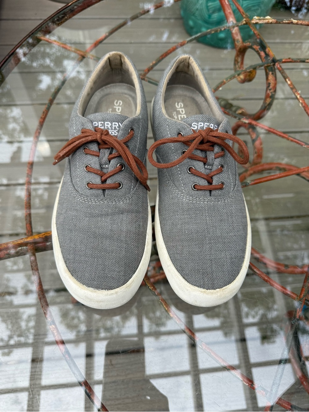 Sperry Men’s Gray Canvas Boat Shoes with Brown Laces